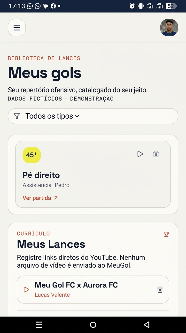 Tela real do Meu Gol: Meus gols e lances